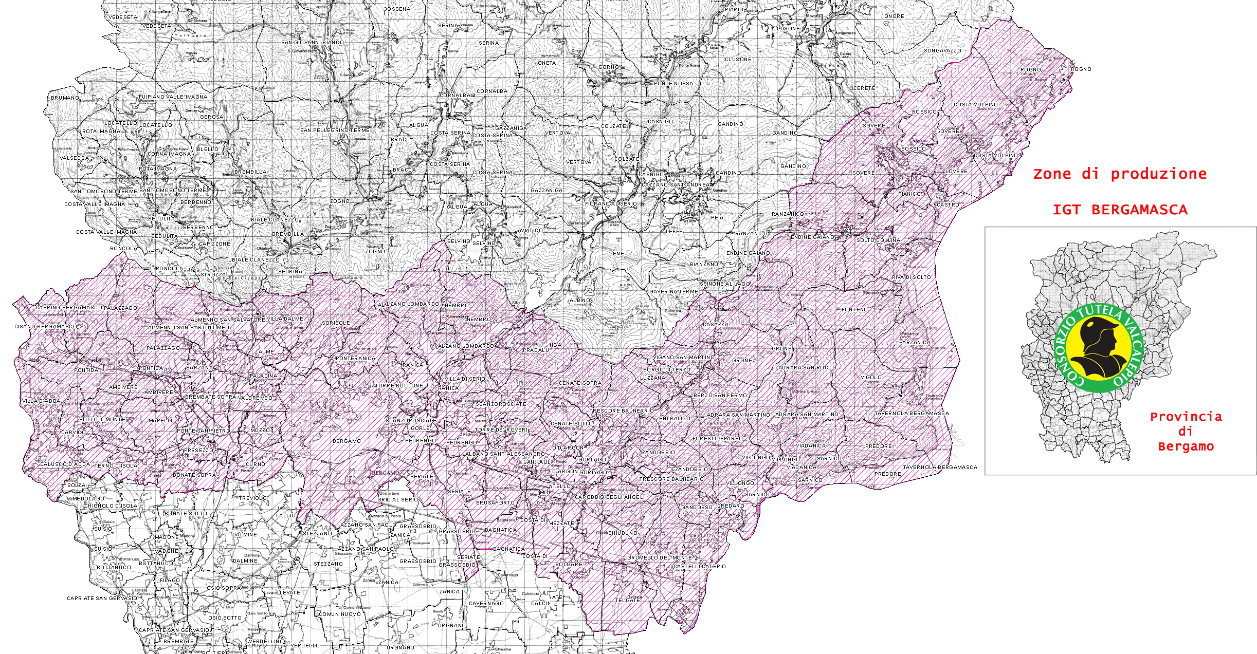 Mappa con zone di produzione del Bergamasca IGT