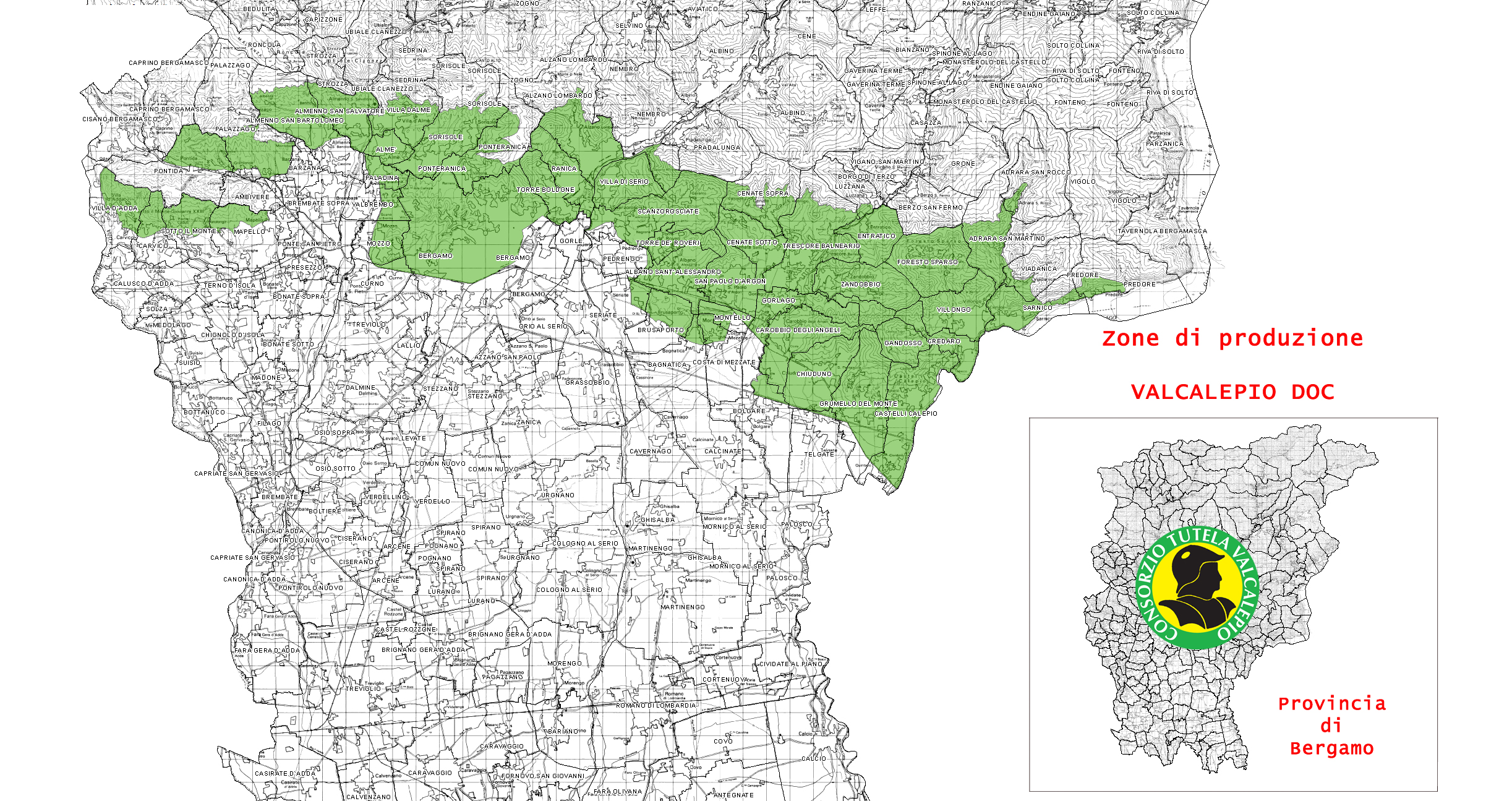 Mappa con zone di produzione del Valcalepio DOC